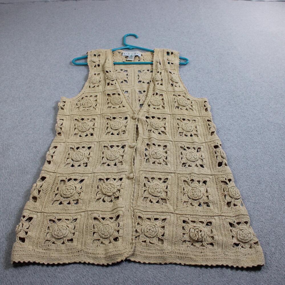Vintage Style New York Sweater Vest Women Medium Beige Crochet Floral Boho Y2K